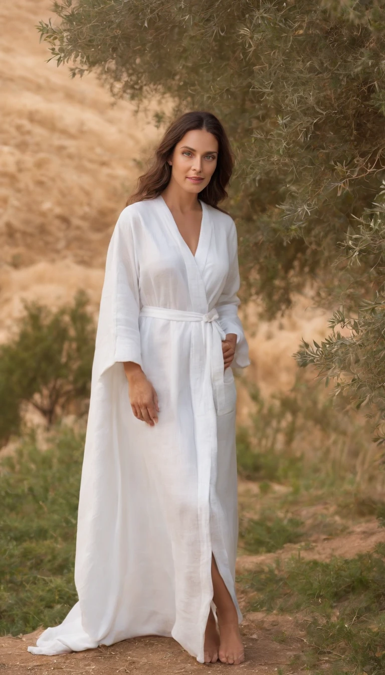 Personagem: Ana, A Biblical Woman.
Physical appearance: Ana is a middle-aged woman, com longos cabelos castanhos ondulados, pele bronzeada pelo sol, olhos expressivos e um sorriso caloroso. Ela tem uma postura elegante e graciosa.
Vestimenta: Hannah is dressed in a simple white linen robe, amarrado com um cinto de couro marrom. His attire is modest, mas reflete sua pureza e simplicidade.
Backdrop of the Season: Ana is sitting in the shade of an olive tree in a verdant field, near a small village in Israel during biblical times. Ao longe, flocks of sheep can be seen grazing on the hills and the Temple in Jerusalem as a distant reference point. The atmosphere is serene and peaceful, with the soft sound of the wind blowing and the singing of birds in the background.