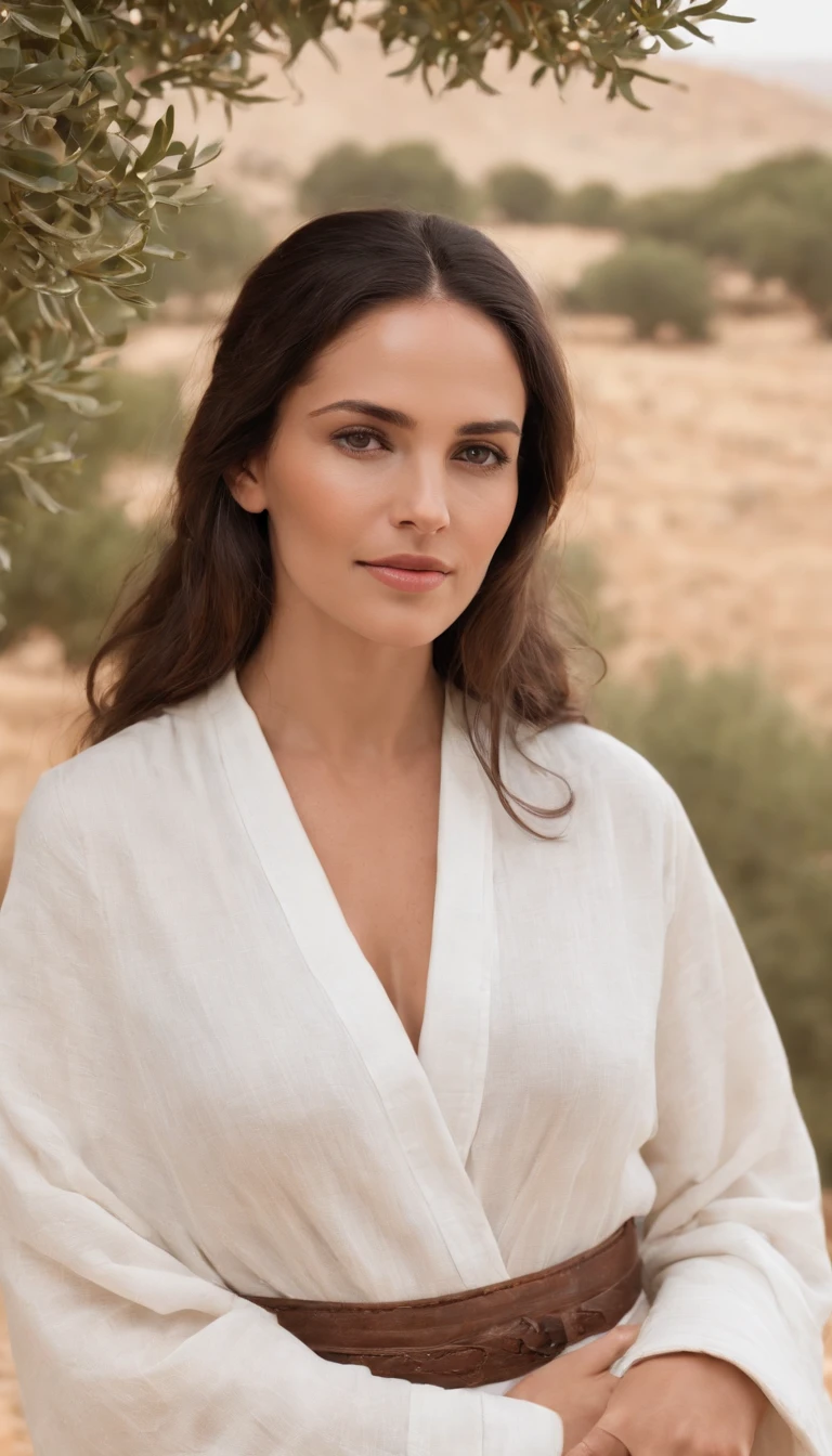 Personagem: Ana, A Biblical Woman.
Physical appearance: Ana is a middle-aged woman, com longos cabelos castanhos ondulados, pele bronzeada pelo sol, olhos expressivos e um sorriso caloroso. Ela tem uma postura elegante e graciosa.
Vestimenta: Hannah is dressed in a simple white linen robe, amarrado com um cinto de couro marrom. His attire is modest, mas reflete sua pureza e simplicidade.
Backdrop of the Season: Ana is sitting in the shade of an olive tree in a verdant field, near a small village in Israel during biblical times. Ao longe, flocks of sheep can be seen grazing on the hills and the Temple in Jerusalem as a distant reference point. The atmosphere is serene and peaceful, with the soft sound of the wind blowing and the singing of birds in the background.