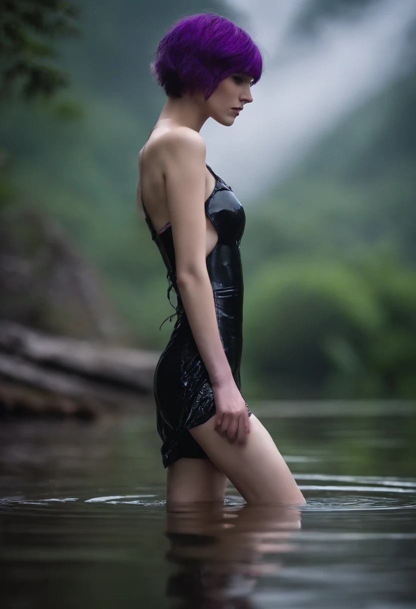 naked girl. teen. slim body. skinny body. thin body. this waist. cute. looking at viwer. wet skin. Pale skin. purple hair. short hair. long socks. long gloves
