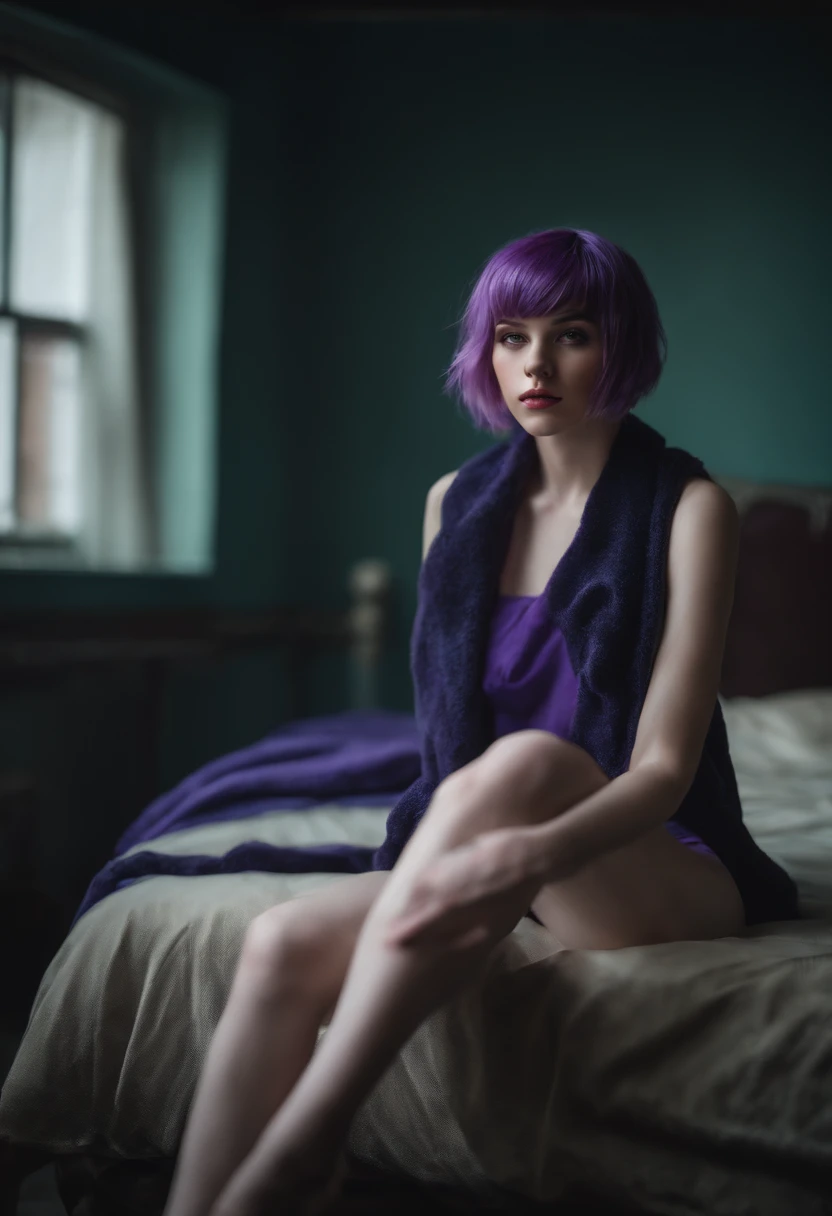 naked girl. slim body. skinny body. thin body. this waist. cute. looking at viwer. wet skin. Pale skin. purple hair. short hair. long socks. long gloves