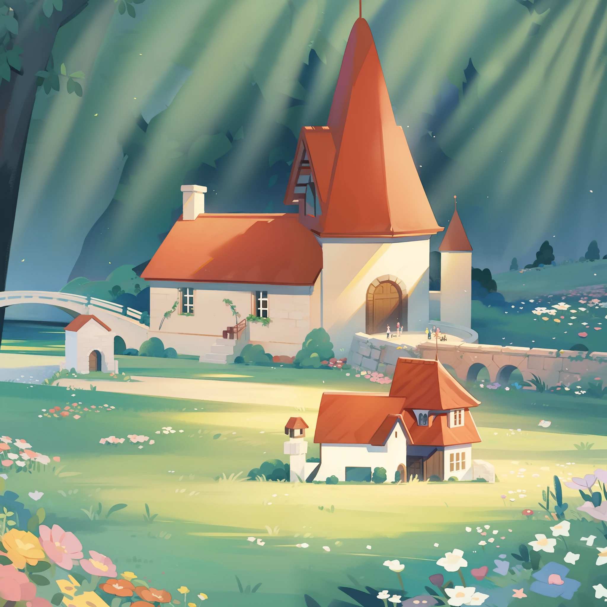 watercolor storybook illustration, hidden huge whimsical asymmetrical castle, warm colors, colorful flower garden, overgrown vines and plants, trees and bushes