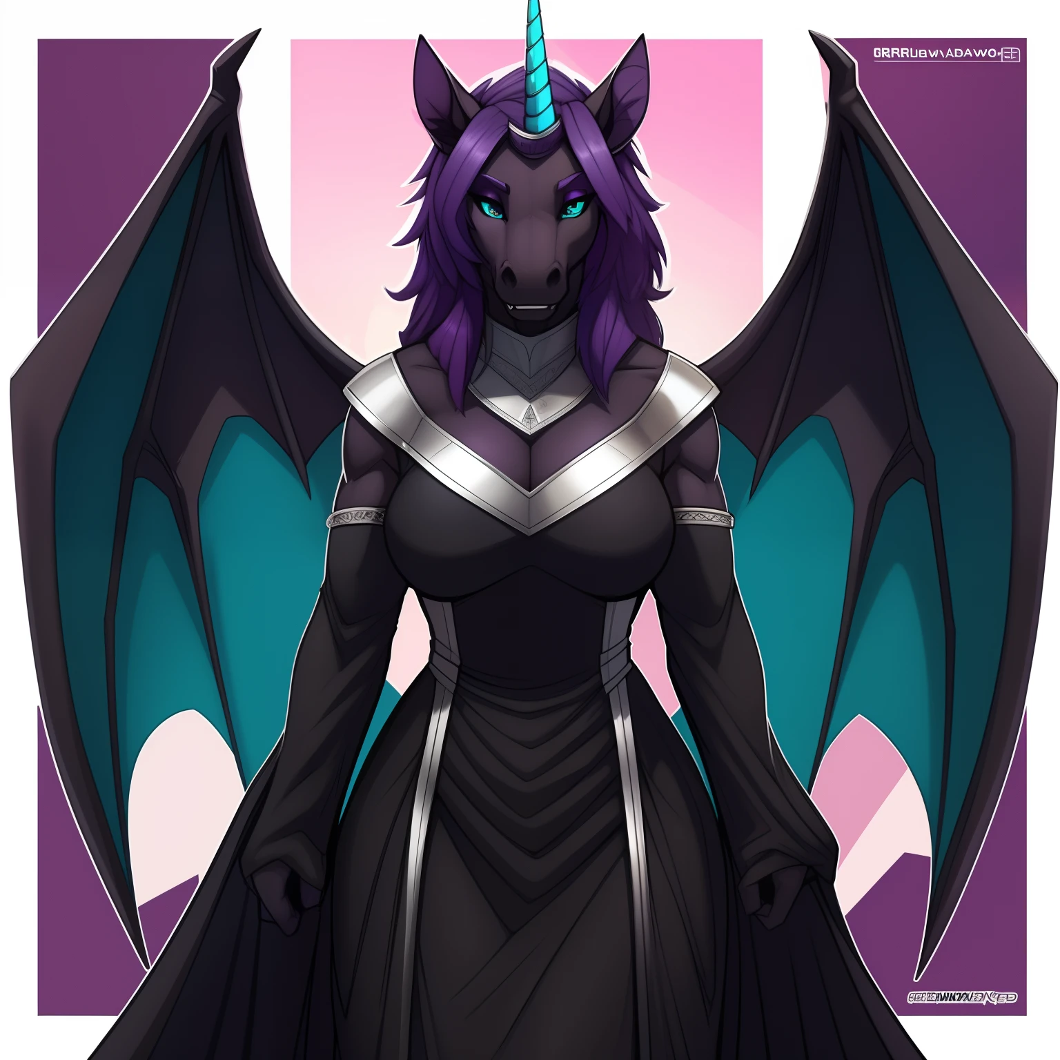 muscular_mature_unicorn female dark_purple_mane wavy_mane black_furry_body teal_eyes slit_pupils majestic solo Masterpiece best_quality absurdres highly_detailed gown_with_silver_trim silver_circlet silver_gorget cleanly_drawn_eyes fangs bat_wings purple_eyeshadow horse_snout anthro_only by_claweddrip, by_greasymojo, by_underscore-b, by_runawaystride