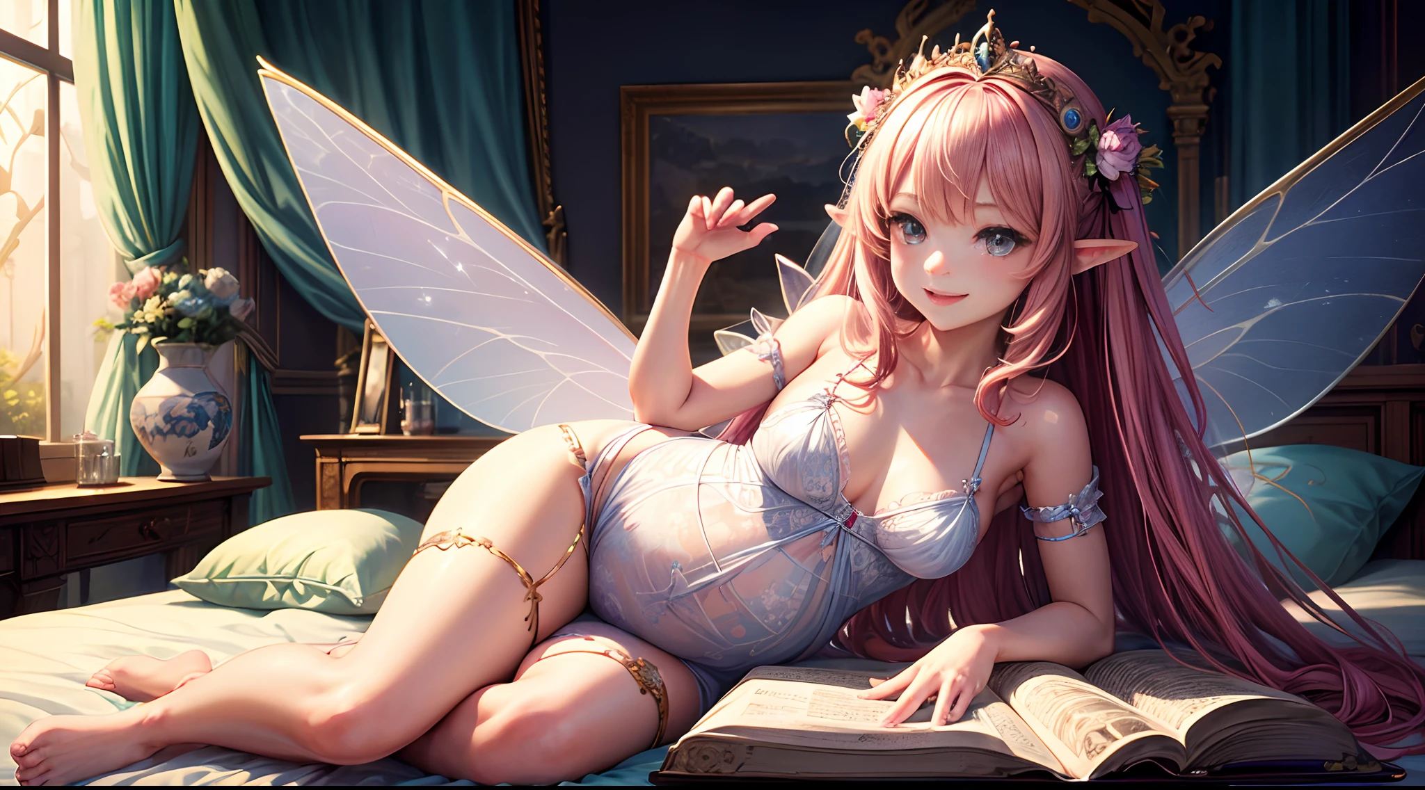 ( Absurd, High quality, ultra-detailed, masterpiece, concept art, smooth, highly detailed artwork, hyper-realistic painting ) , tiny , cute, whole body, Romantic, Vivid, dreamy, fantasy, fairy wings, in the palace, enchanting glow, very detailed art, reveal clothes, sexy lace underwear, transrarrent clothnes, perky niples, ((pregnat)), playful, mischievous, smile, in bedroom, noble fairy
