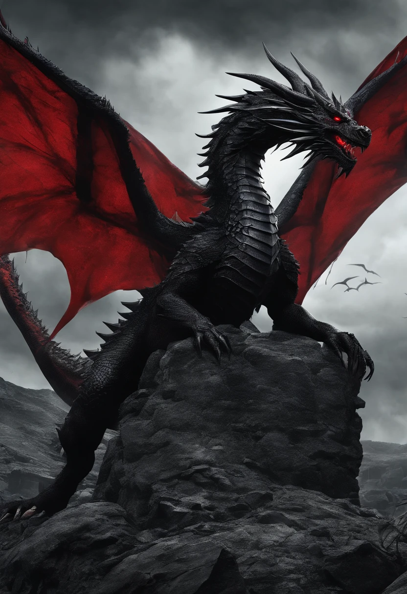 Black Dragon, Red Wings, evil, Demon Dragon, It stands on the black rocks
