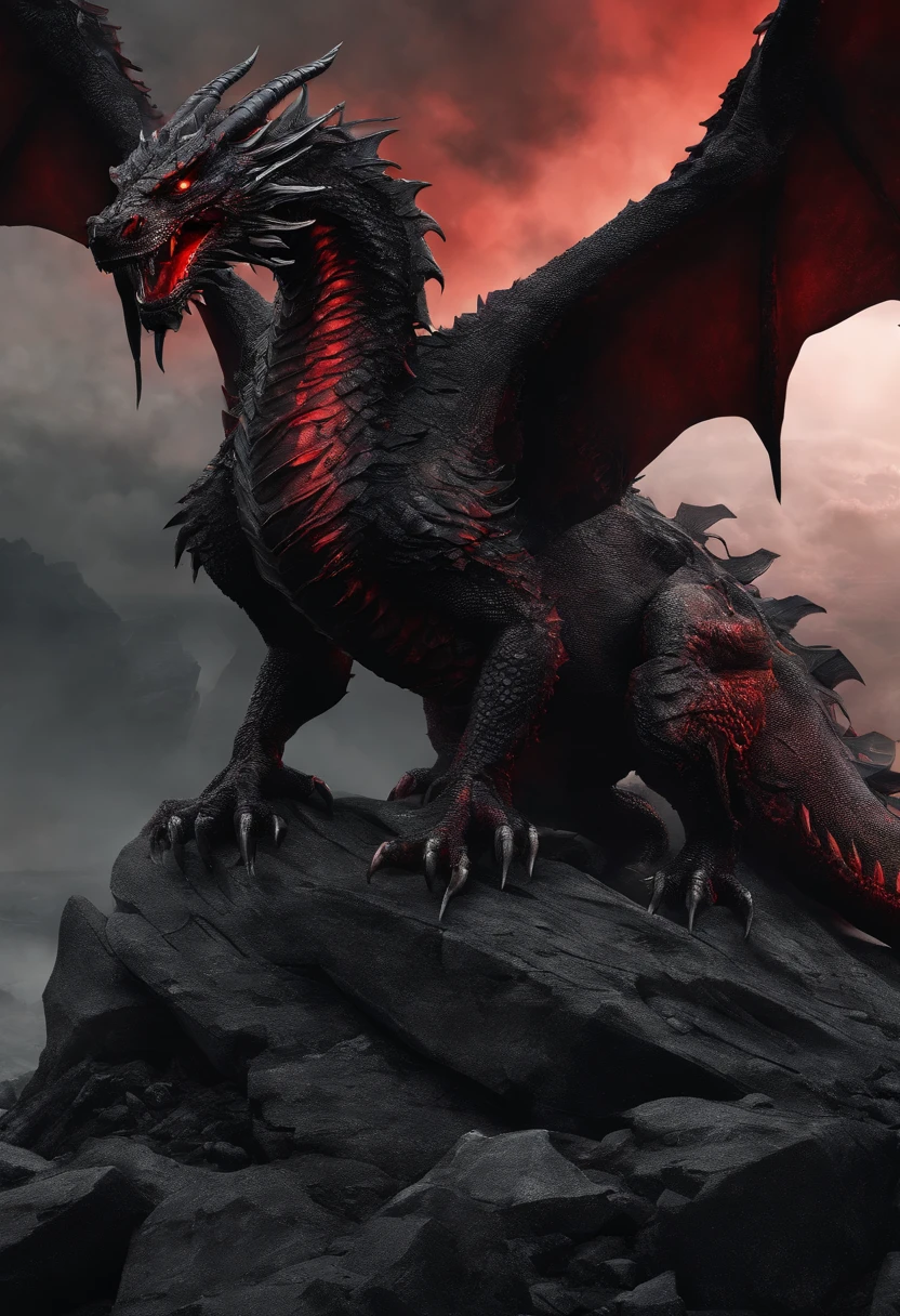 Black Dragon, Red Wings, evil, Demon Dragon, It stands on the black rocks