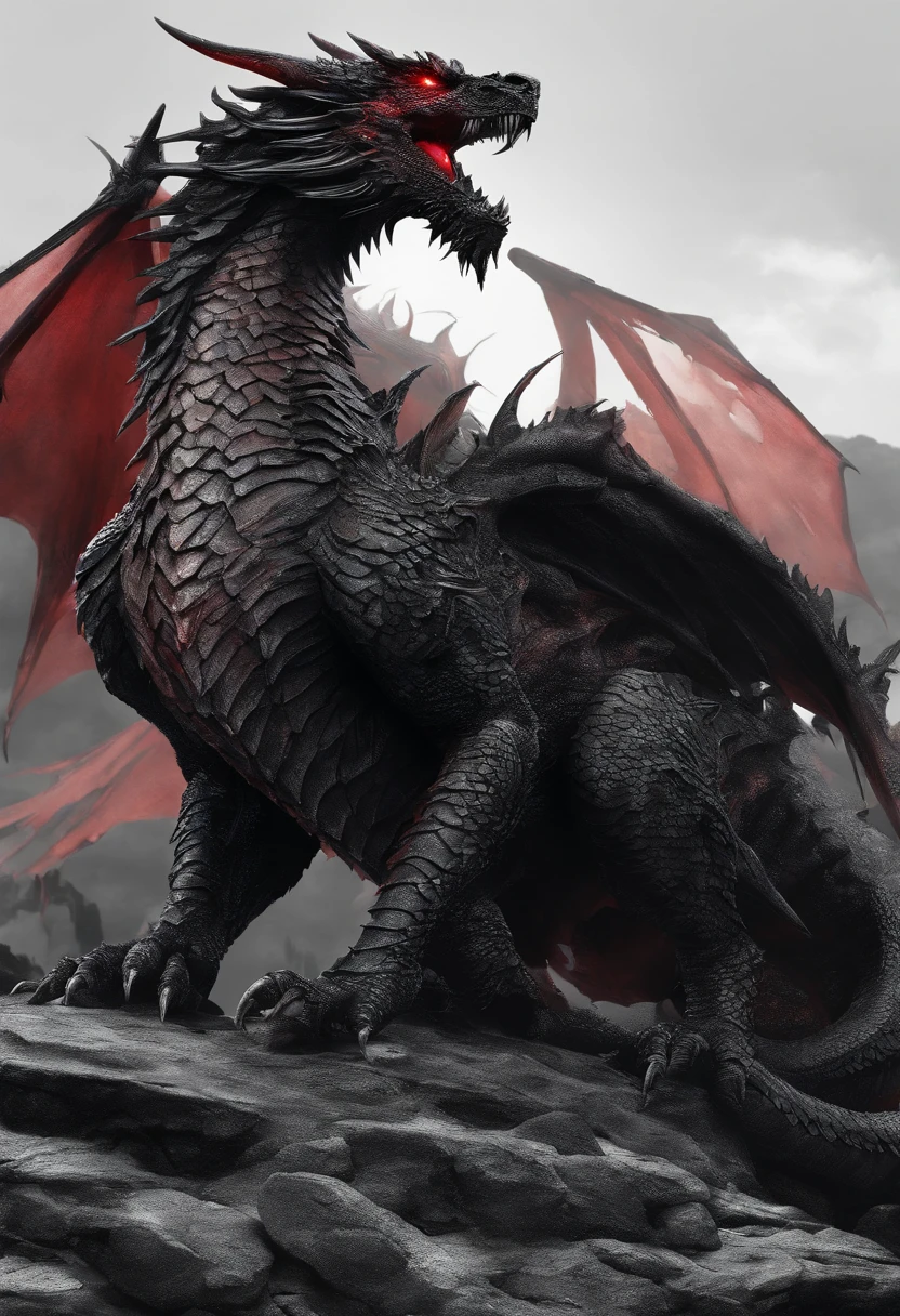 Black Dragon, Red Wings, evil, Demon Dragon, It stands on the black rocks