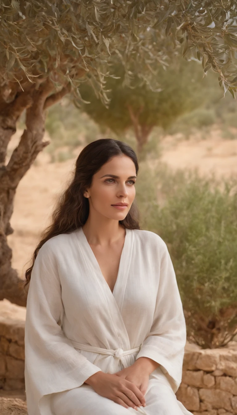 personagem: Ana, A Biblical Woman.
Physical appearance: Ana is a middle-aged woman, com longos cabelos castanhos ondulados, pele bronzeada pelo sol, olhos expressivos e um sorriso caloroso. Ela tem uma postura elegante e graciosa.
Vestir: Hannah is dressed in a simple white linen robe, amarrado com um cinto de couro marrom. His attire is modest, mas reflete sua pureza e simplicidade.
Pano de fundo da temporada: Ana is sitting in the shade of an olive tree in a verdant field, near a small village in Israel during biblical times. Ao longe, flocks of sheep can be seen grazing in the hills and in the Temple of Jerusalem as a distant reference point. The atmosphere is serene and peaceful, with the soft sound of the wind blowing and the singing of birds in the background.