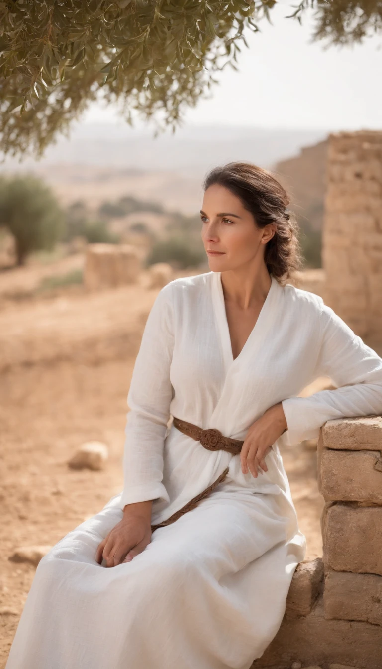 personagem: Ana, A Biblical Woman.
Physical appearance: Ana is a middle-aged woman, com longos cabelos castanhos ondulados, pele bronzeada pelo sol, olhos expressivos e um sorriso caloroso. Ela tem uma postura elegante e graciosa.
Vestir: Hannah is dressed in a simple white linen robe, amarrado com um cinto de couro marrom. His attire is modest, mas reflete sua pureza e simplicidade.
Pano de fundo da temporada: Ana is sitting in the shade of an olive tree in a verdant field, near a small village in Israel during biblical times. Ao longe, flocks of sheep can be seen grazing in the hills and in the Temple of Jerusalem as a distant reference point. The atmosphere is serene and peaceful, with the soft sound of the wind blowing and the singing of birds in the background.