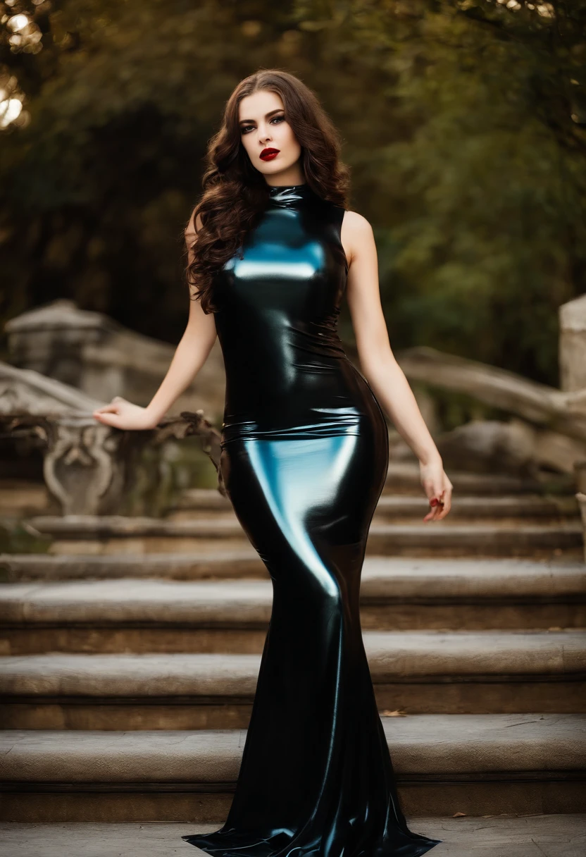 Garota de 16 anos, Russa, Cabelo loiro e ondulado, olhos azuis, , high quality raw photo, excellent composition, Front View, Full Body, Head to Feet, Photoshoot, Bombshell, scary vampire girl, black magic, Wet Stunning in Lipstick ,((Wearing Tight Slim Super Long Deep Chocolate Brown Shiny Metallic Vampire Latex Mermaid Long Gown ))(cinematic lighting, cinematic colors, masterpiece, high detailed, best quality, photorealistic, ultra realistic, 8k hdr:1.2