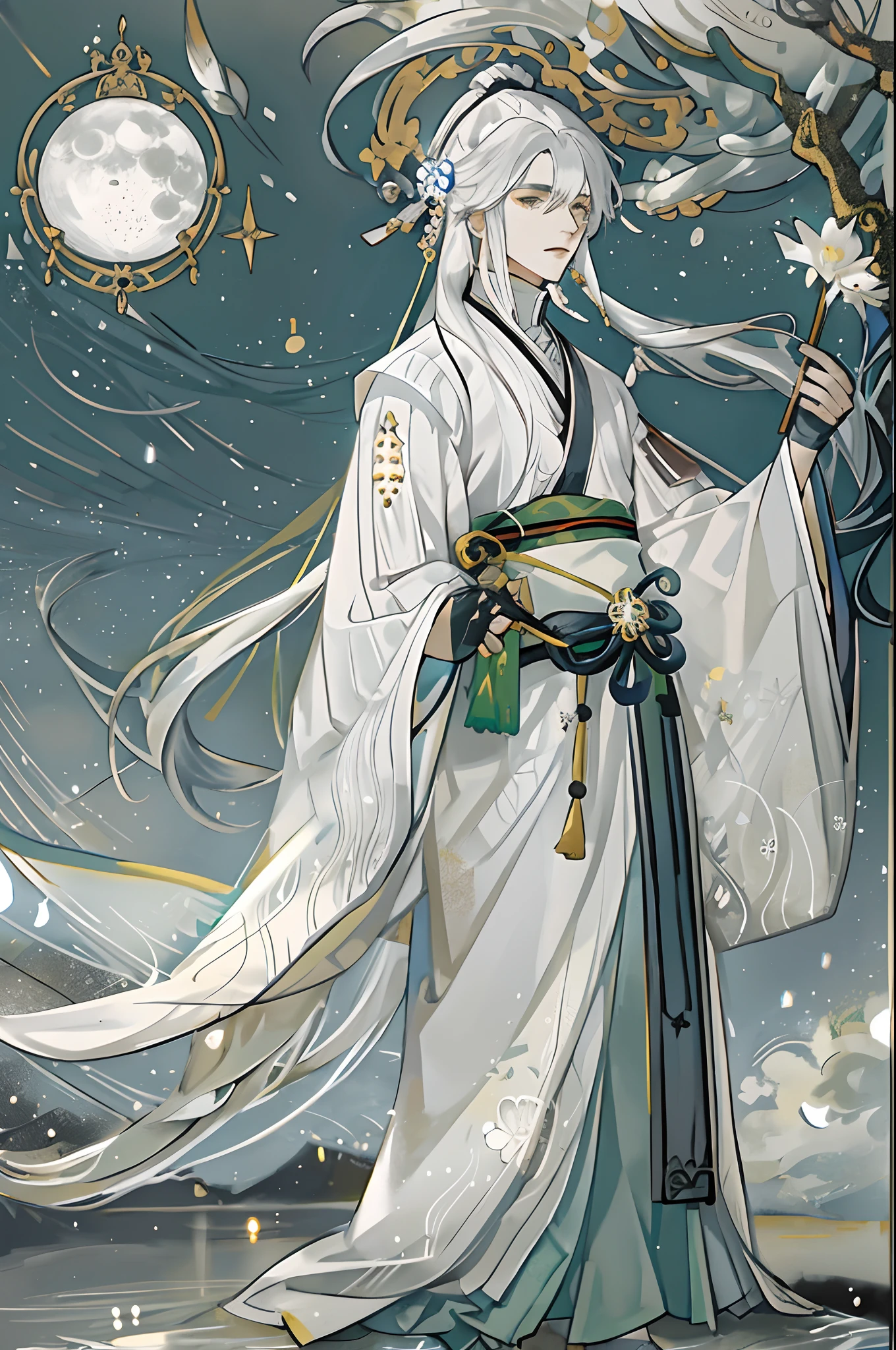 The male,Male,White Hanfu,long white hair,Long flowing hair,Wide robe with large sleeves,Ancient wind,Solid color clothes,The clothes do not have any patterns,laughingly,softlighting,water ink,Behind it is the full moon,low-saturation,low-contrast,led floodlights