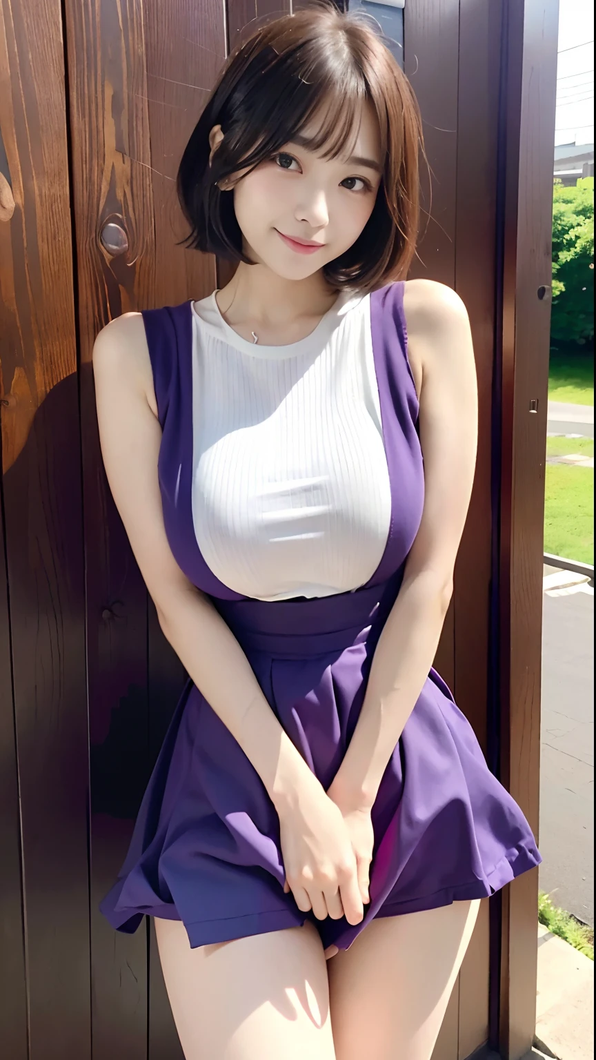 (top-quality、8K、32K、masterpiece、nffsw:1.2)、(short-hair)Photo of a cute Japanese woman、(mournful smile、red blush:1.1)、looking at the viewers、(Suspender skirt with beautiful details:1.2)、((Knee Length Light Purple Iro 5 Skirt))、Detailed legs、(Breasts are big:1.2)、(Lace pantie:0.9)、(wind lift:1.6)、full body Esbian、the wind、城市、outside of house、(Holding the skirt in your hands:1.3)