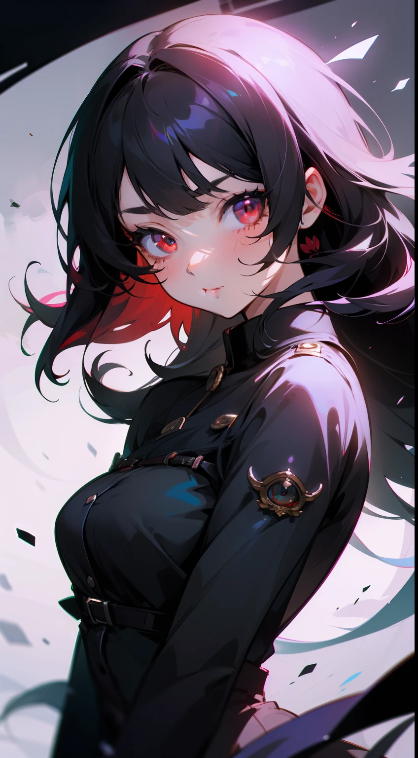 super fine illustration, an_extremely cute and beautiful girl, highly detailed beautiful face and eyes, red eyes, look at viewer, cowboy shot, beautiful black hair, solo, dynamic