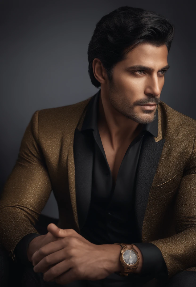 a realistic photo of a elegant man, 40 years, dark eyes, black hair, intricate details, 8k post production, high resolution, hyperdetailed, trending on artstation, sharp focus, studio photo, intricate details, highly detailed