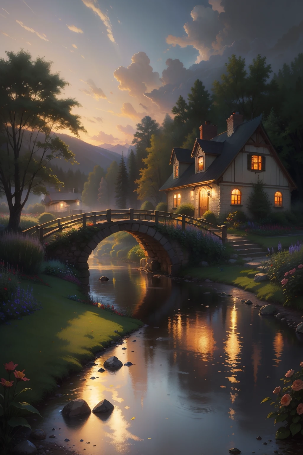 Thomas Kinkade, country cottage, flowers, garden, stream, bridge, dusk