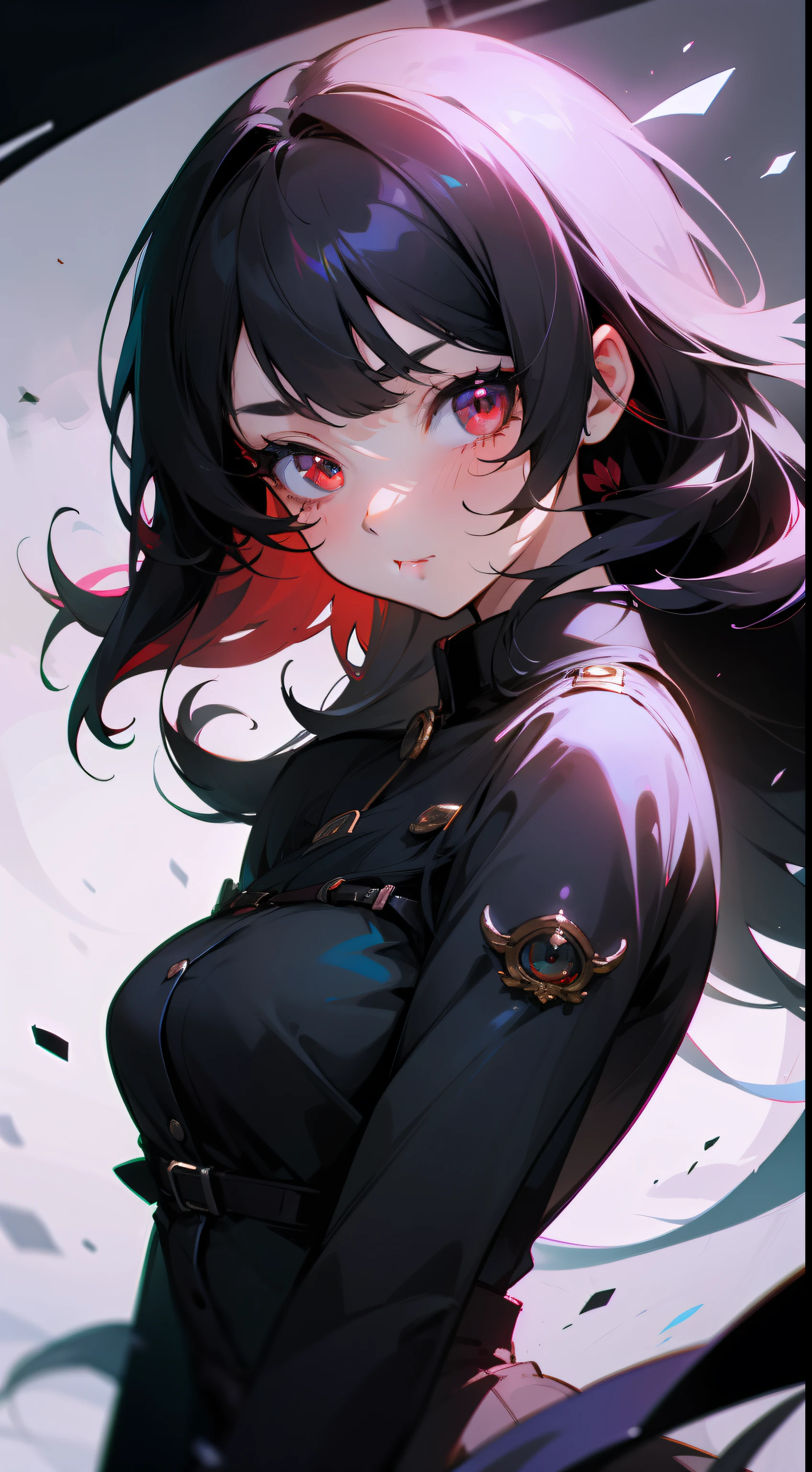 super fine illustration, an_extremely cute and beautiful girl, highly detailed beautiful face and eyes, red eyes, look at viewer, cowboy shot, beautiful black hair, solo, dynamic