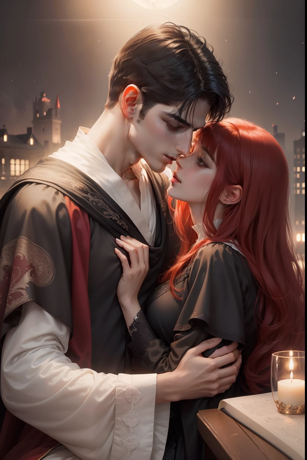 ((Masterpieces)), beste-Qualit, Outstanding illustration, couple kissing, soft focus, 1 man with short black hair and long bangs, 1 girl with long RED hair, black robes, black mantle, romanticism, romance, Luxurious and sophisticated atmosphere, moon light & Cool lighting, Love, fondness, passion