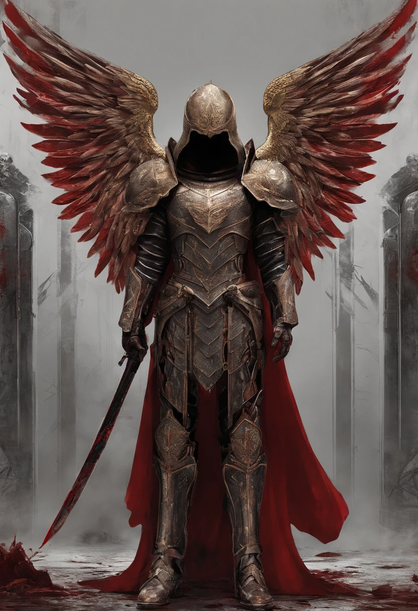 Mad Angel, armor covered in blood, Red Wings, The Golden Mask, stands at the royal throne