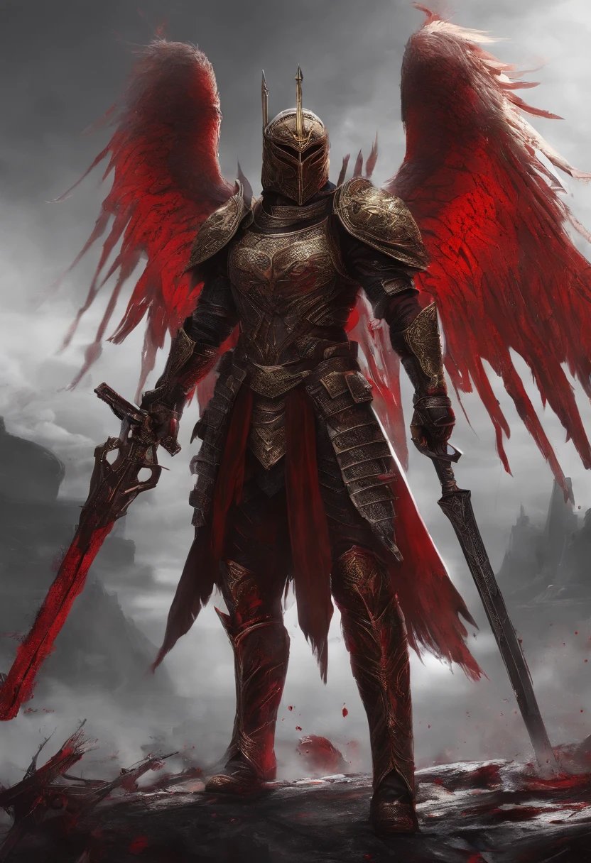 Mad Angel, armor covered in blood, Red Wings, The Golden Mask, stands at the royal throne