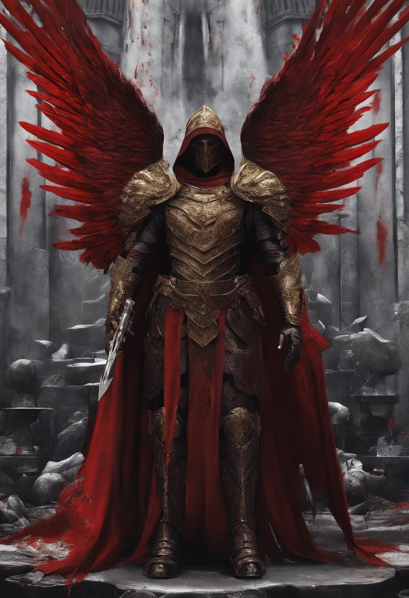 Mad Angel, armor covered in blood, Red Wings, The Golden Mask, stands at the royal throne