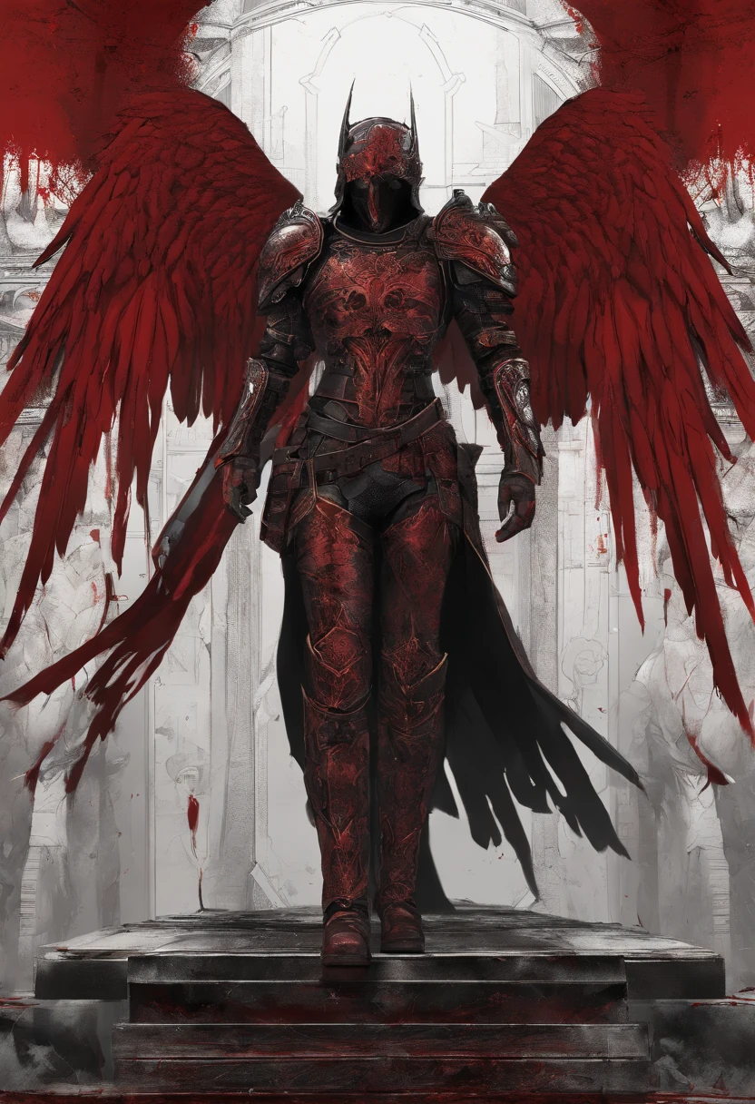 Mad Angel, armor covered in blood, Red Wings, The Golden Mask, stands at the royal throne
