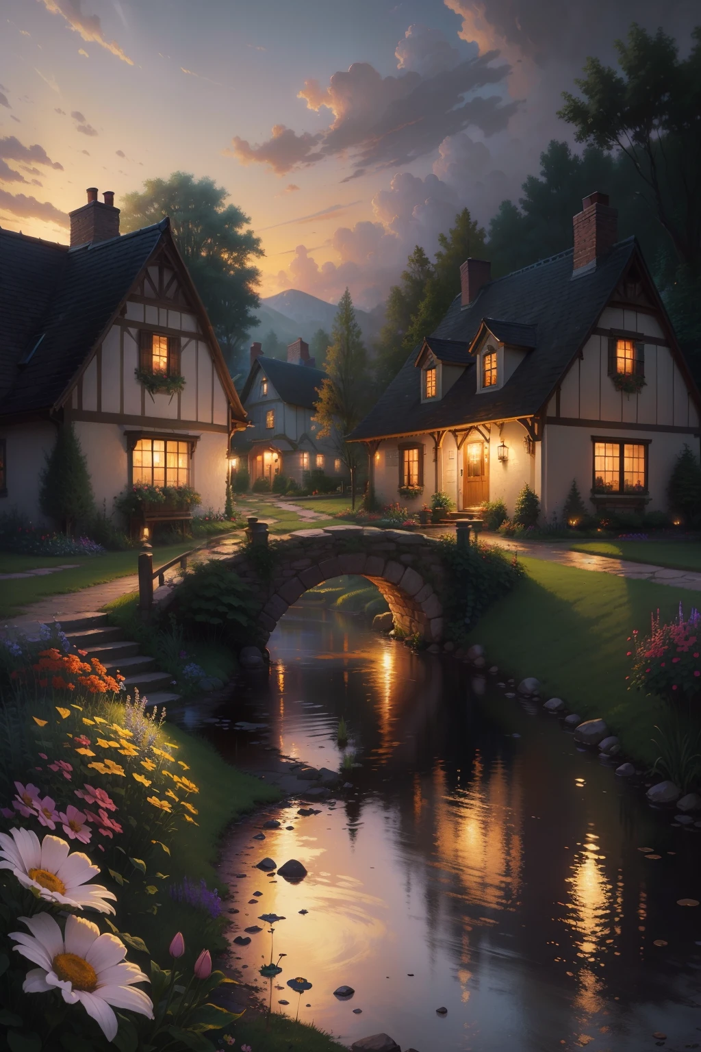 Thomas Kinkade, country cottage, flowers, garden, stream, bridge, dusk