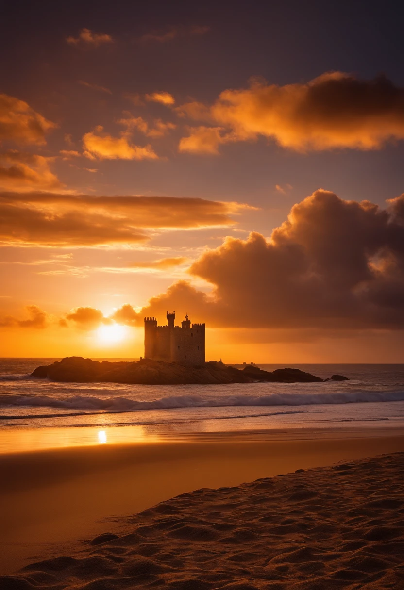 Castelo de areia na praia, dia, sun sunset