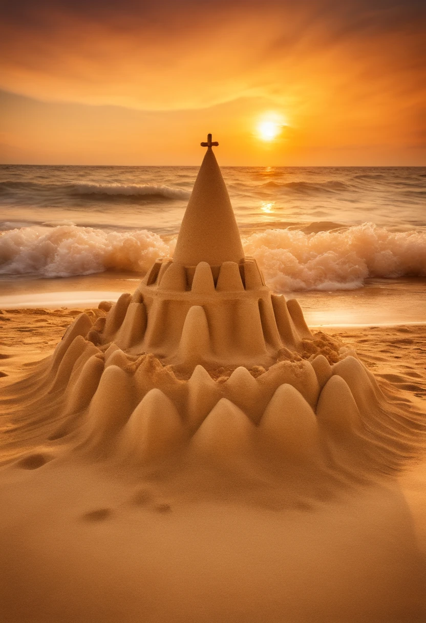 a sandcastle on the beach,sunset,day,beachview,seashells,crashing waves,detailed sand texture,(best quality,4k,8k,highres,masterpiece:1.2),ultra-detailed,(realistic,photorealistic,photo-realistic:1.37),vibrant colors,warm tones,soft lighting