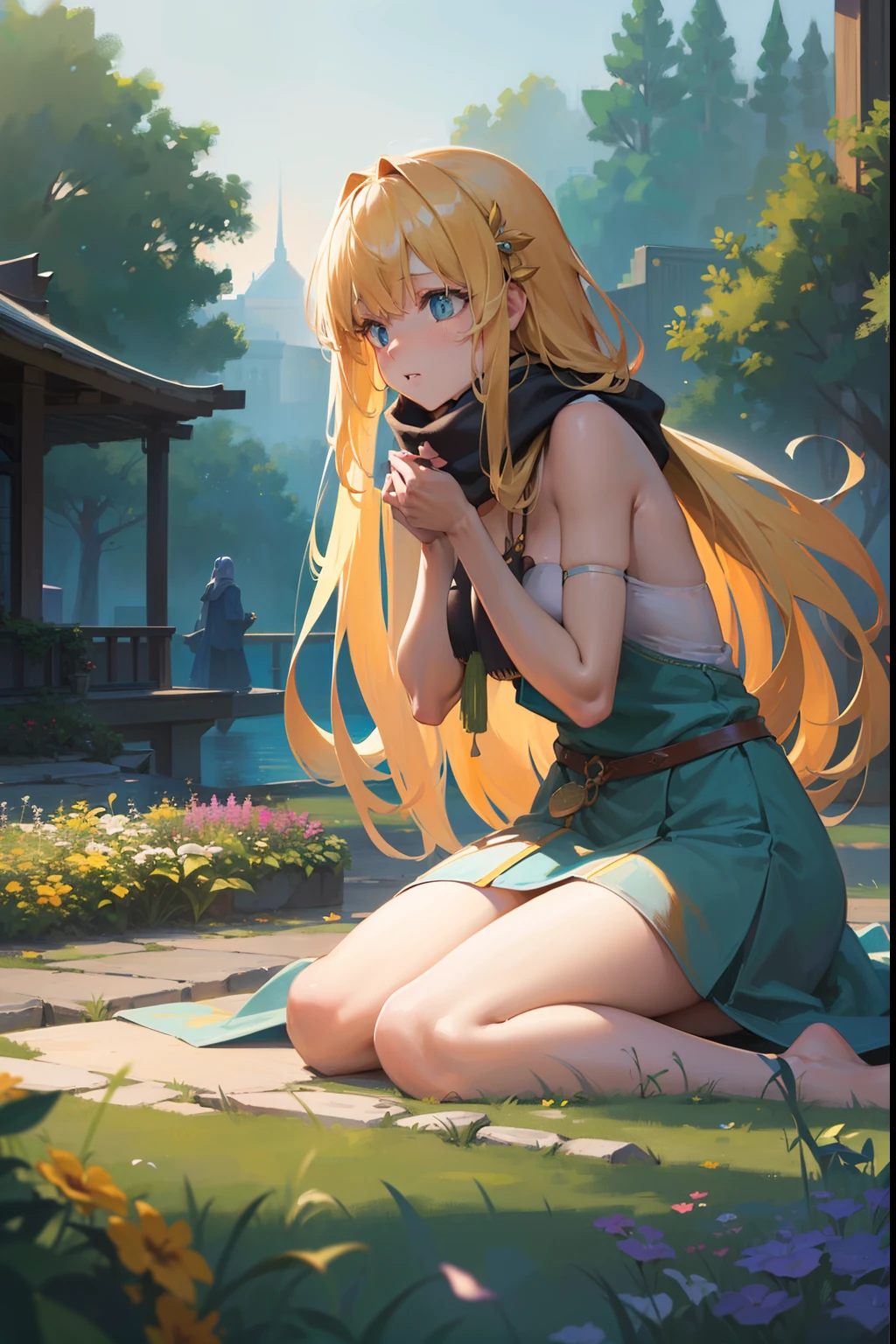 (a girl wearing a scarf, long blonde hair, tranquil gardenscapes style:1.1, colorful animation stills, masami teraoka, aquamarine, paul gauguin, Embry style, honest portrayal:1.1, best quality,4k,8k,highres,masterpiece:1.2),ultra-detailed, realistic:1.37, HDR, UHD, studio lighting, ultra-fine painting, sharp focus, physically-based rendering, extreme detail description, professional, vivid colors, bokeh, portraits, landscape, anime, photography, concept artists, aquamarine, soft and warm lighting.