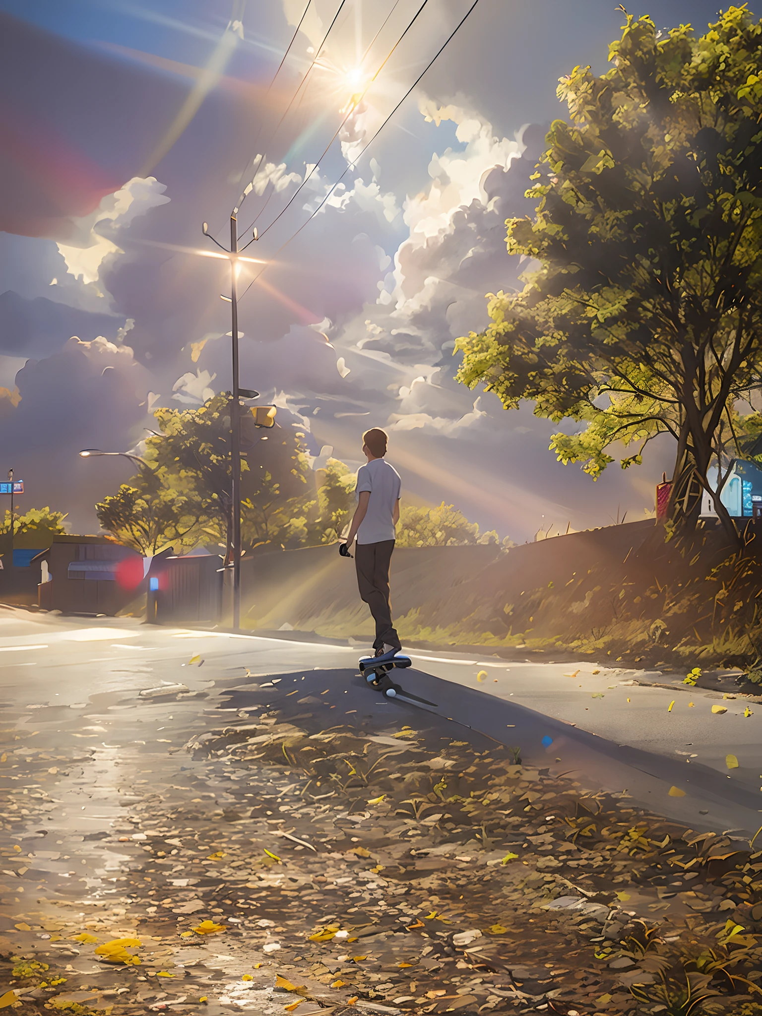 there is a man riding a skateboard down a road, standing in road, standing bravely on the road, on a road, in a sunny day, in sunny weather, with backdrop of god rays, standing in street, distant full body view, lens flare photo real, standing on a hill, standing in the street, standing in township street, distant full body shot