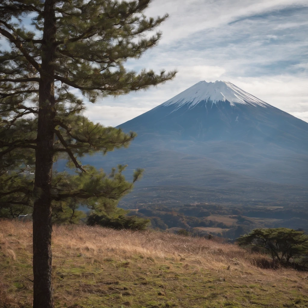 Uma pessoa olhando para o Monte Fuji num topo de uma cima pequena colina, numa vila japonesa. No centro da imagem abaixo do Monte Fuji. standing on her feet, para frente com o Monte Fuji.