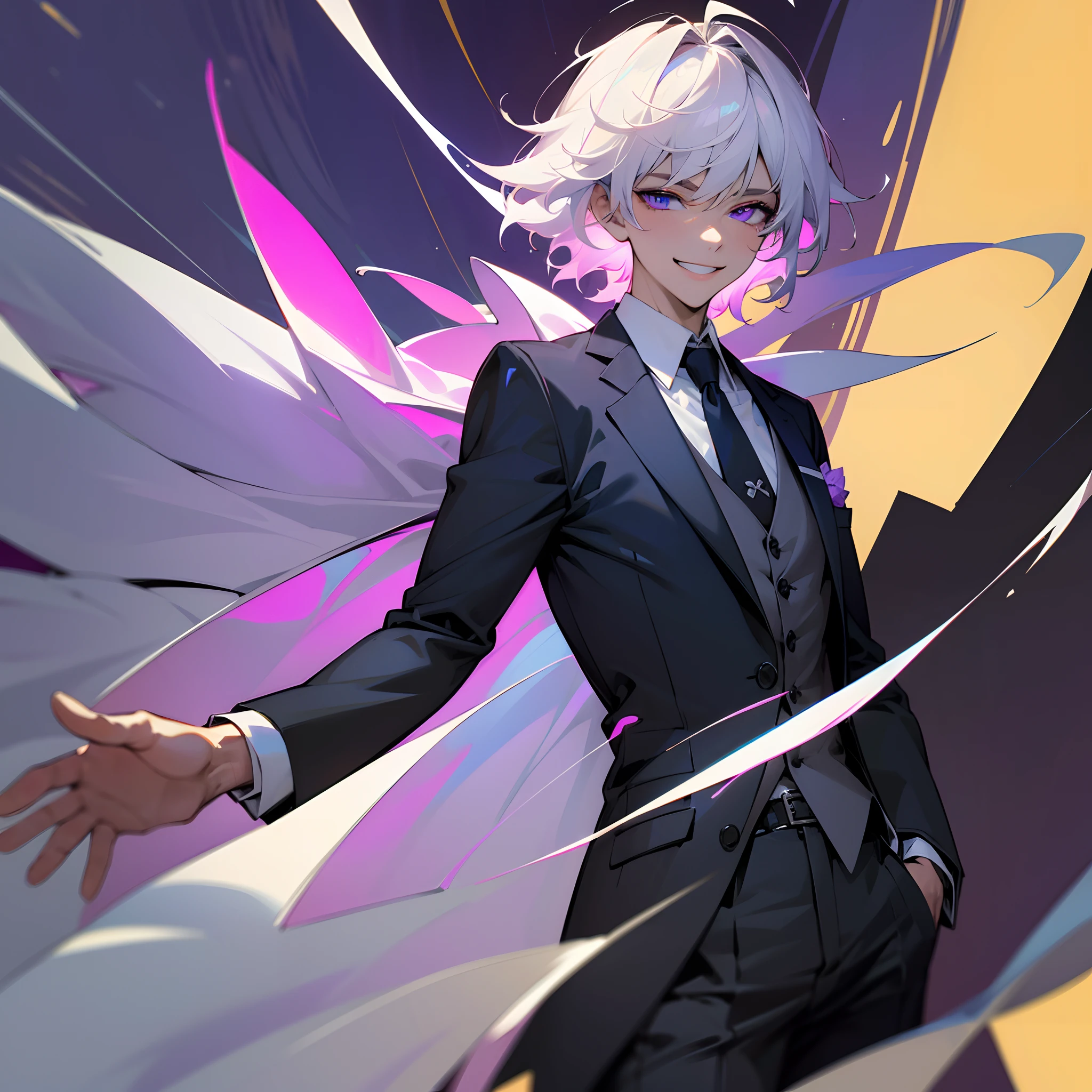 ((top-quality)), ((masterpiece)), ((ultra-detailliert)),(8k wallpaper:1.2),(Ultra-high resolution:1.2),(masterpiece:1.1),wallpaper,High quality,(High detail),(absurdres, highres, ultra detailed),( best quality:1.2),A man, wearing a suit and tie, maniacal grin,white hair with purple strands, white-ish purple eye's, handsome,short hair,messy hair