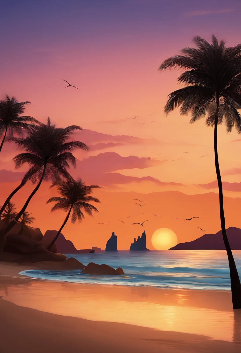 (best quality,4k,8k,highres,masterpiece:1.2),ultra-detailed,realistic,beautiful sunset over the sea,golden sunlight,gentle waves,smooth sand beach,palm trees swaying in the breeze,soft orange and pink hues reflecting on the water,peaceful atmosphere,silhouette of a sand castle on the beach,children playing and laughing,enjoying the beautiful scenery,relaxed vacation vibes,serene and calm,tranquil ocean sounds,sand between your toes,warm summer evening.