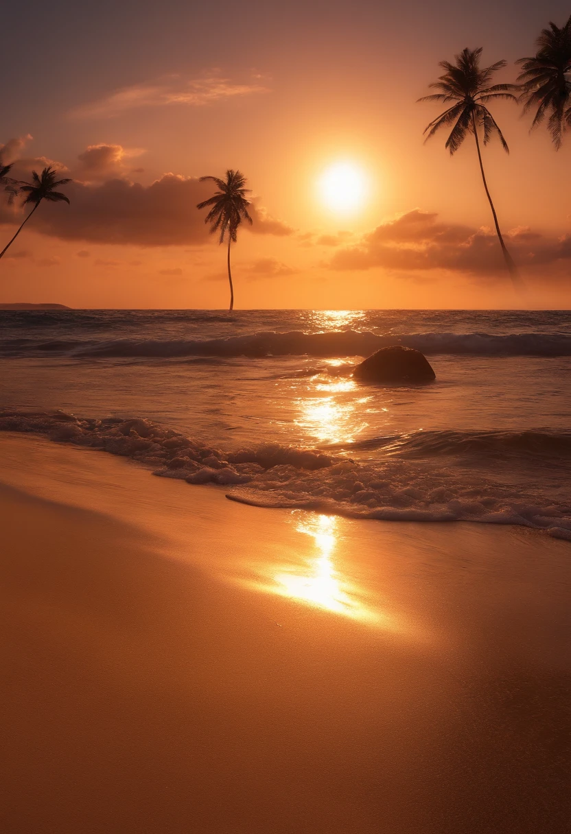 (best quality,4k,8k,highres,masterpiece:1.2),ultra-detailed,realistic,beautiful sunset over the sea,golden sunlight,gentle waves,smooth sand beach,palm trees swaying in the breeze,soft orange and pink hues reflecting on the water,peaceful atmosphere,silhouette of a sand castle on the beach,children playing and laughing,enjoying the beautiful scenery,relaxed vacation vibes,serene and calm,tranquil ocean sounds,sand between your toes,warm summer evening.