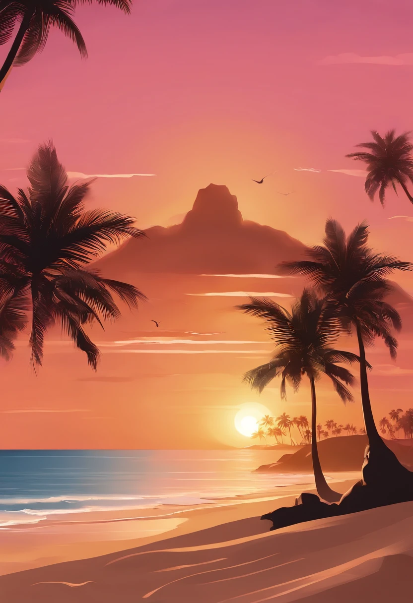 (best quality,4k,8k,highres,masterpiece:1.2),ultra-detailed,realistic,beautiful sunset over the sea,golden sunlight,gentle waves,smooth sand beach,palm trees swaying in the breeze,soft orange and pink hues reflecting on the water,peaceful atmosphere,silhouette of a sand castle on the beach,children playing and laughing,enjoying the beautiful scenery,relaxed vacation vibes,serene and calm,tranquil ocean sounds,sand between your toes,warm summer evening.