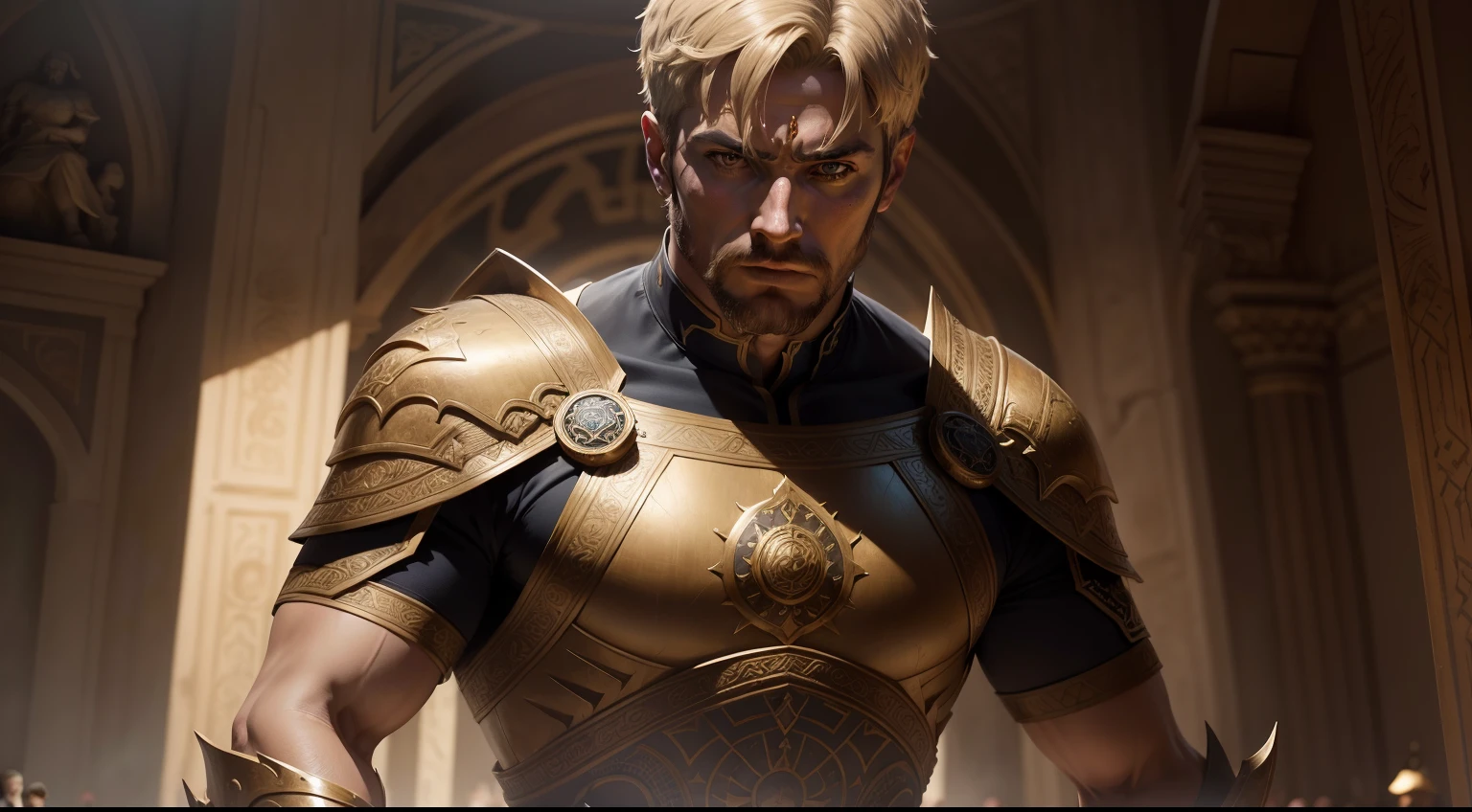 Gilgamesh, vestido com uma roupa antiga, realistic digital illustration. Estilo de arte: Realismo Antigo, Camera shot: heroic pose, camera lens: 70mm, Vista: headpe, emprestar: emprestarização Octane. The lighting: baixa luz. resolution: 8k, altamente detalhado. Tipo de cor: Tons terrosos ((Art Station Art Ancient Hero, Realismo Antigo)). Por favor, Focus on intricate details and the play of lights and shadows to create a powerful and emotional historical scene."
