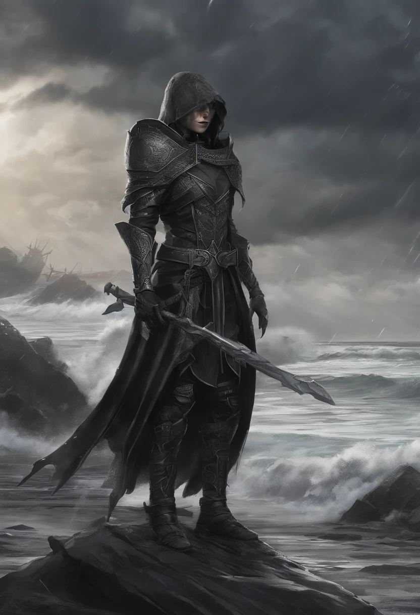 Tiny Dark Elf, wicked smile ,Crazy look, next to a huge shield , Holding a staff, By the seashore , storm