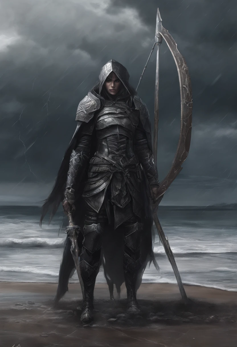 Tiny Dark Elf, wicked smile ,Crazy look,  next to a huge shield , Holding a staff, By the seashore , storm