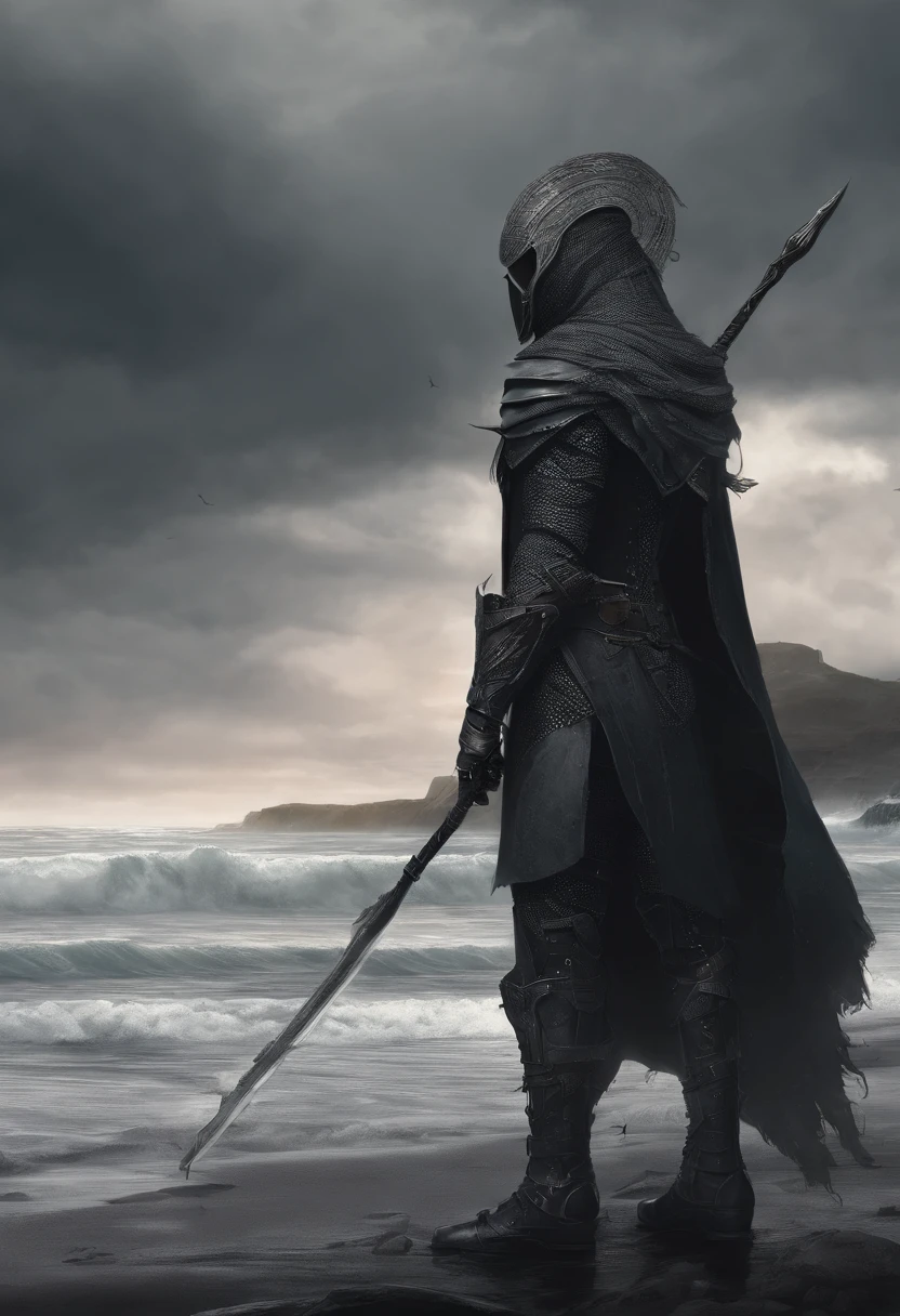 Tiny Dark Elf, wicked smile ,Crazy look,  next to a huge shield , Holding a staff, By the seashore , storm