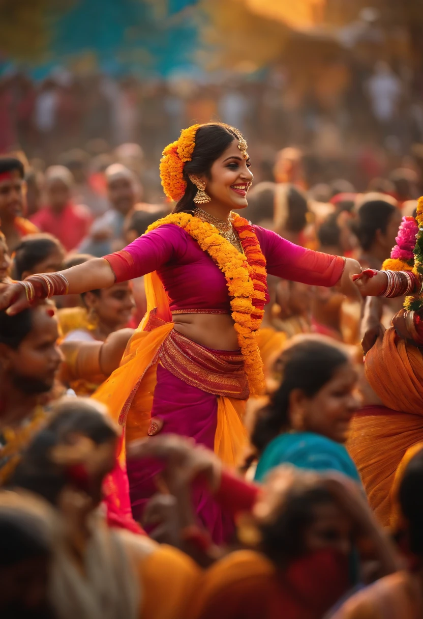 (best quality,4k,8k,highres,masterpiece:1.2),vibrant colors,colorful scene,celebration,joyful atmosphere,dancing people,playful vibe,Holi festival,Hindu tradition,powdered colors,splash of colors,happy individuals,traditional clothing,folk music,lively crowd,outdoor event,joyful moments,smiling faces,traditional dance,music and dance performances,colorful decorations,positive energy,fun-filled day,festive spirit,artistic expression,high-energy environment,community gathering,family and friends,cheerful ambiance,auspicious occasion,traditional rituals,rich cultural heritage,good luck wishes,festival of love,exciting atmosphere,plethora of vibrant hues,beautiful patterns,blossoming flowers,expressive gestures,positive vibes,pulsating beats,energetic movements,lively music,spectacular visual spectacle,vibrant artistic expressions,unforgettable experience.