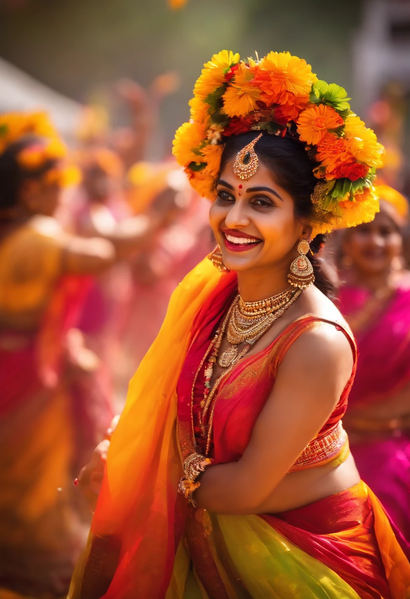 (best quality,4k,8k,highres,masterpiece:1.2),vibrant colors,colorful scene,celebration,joyful atmosphere,dancing people,playful vibe,Holi festival,Hindu tradition,powdered colors,splash of colors,happy individuals,traditional clothing,folk music,lively crowd,outdoor event,joyful moments,smiling faces,traditional dance,music and dance performances,colorful decorations,positive energy,fun-filled day,festive spirit,artistic expression,high-energy environment,community gathering,family and friends,cheerful ambiance,auspicious occasion,traditional rituals,rich cultural heritage,good luck wishes,festival of love,exciting atmosphere,plethora of vibrant hues,beautiful patterns,blossoming flowers,expressive gestures,positive vibes,pulsating beats,energetic movements,lively music,spectacular visual spectacle,vibrant artistic expressions,unforgettable experience.