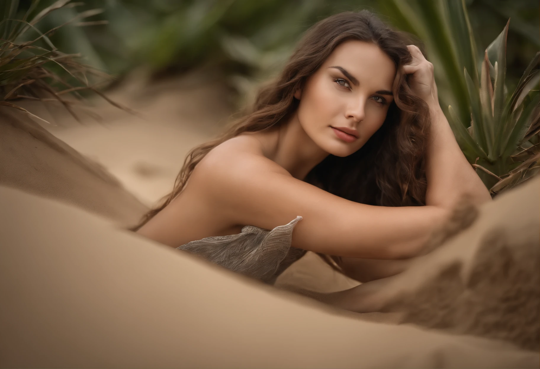 generate one 21 years old young white woman with dark brown long hairstyle, naked, crawling on the sandm she is on all 4, background is inspired by the movie Mad Max, looking away from the camera