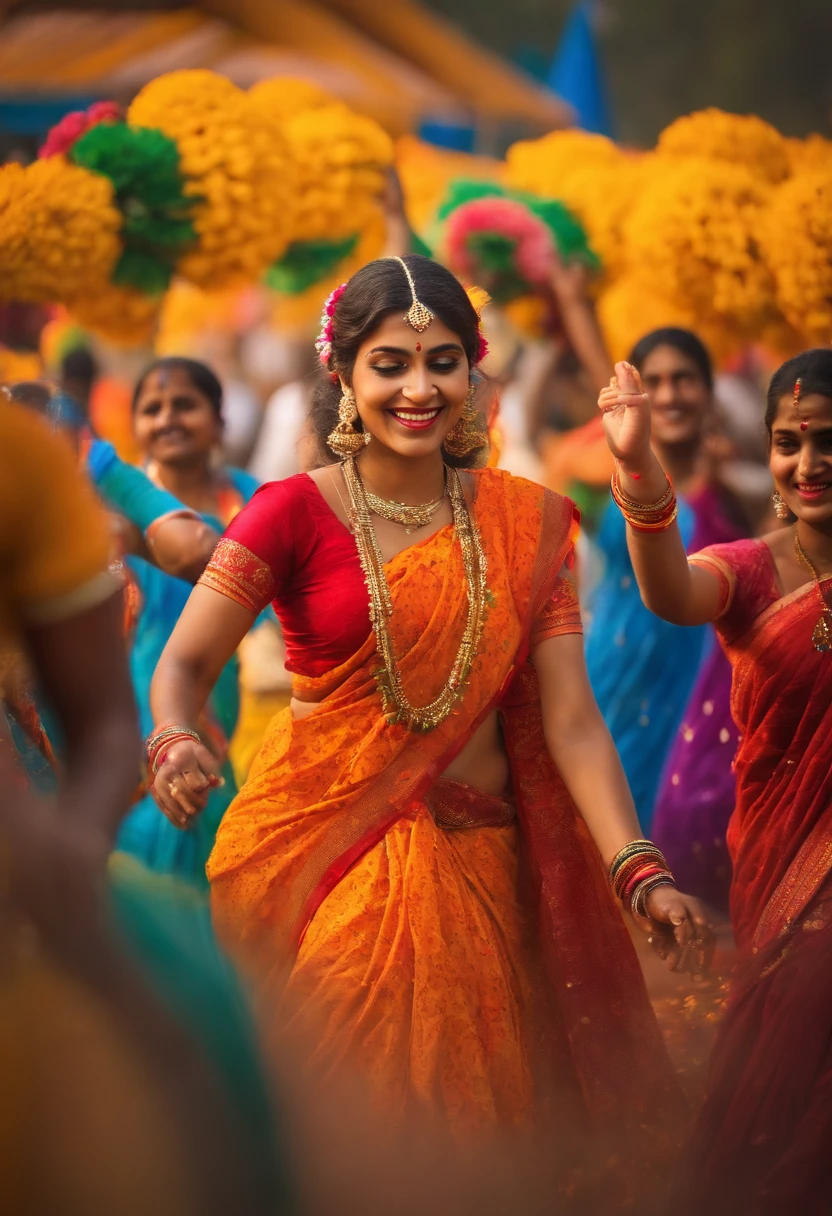 (best quality,4k,8k,highres,masterpiece:1.2),vibrant colors,colorful scene,celebration,joyful atmosphere,dancing people,playful vibe,Holi festival,Hindu tradition,powdered colors,splash of colors,happy individuals,traditional clothing,folk music,lively crowd,outdoor event,joyful moments,smiling faces,traditional dance,music and dance performances,colorful decorations,positive energy,fun-filled day,festive spirit,artistic expression,high-energy environment,community gathering,family and friends,cheerful ambiance,auspicious occasion,traditional rituals,rich cultural heritage,good luck wishes,festival of love,exciting atmosphere,plethora of vibrant hues,beautiful patterns,blossoming flowers,expressive gestures,positive vibes,pulsating beats,energetic movements,lively music,spectacular visual spectacle,vibrant artistic expressions,unforgettable experience.