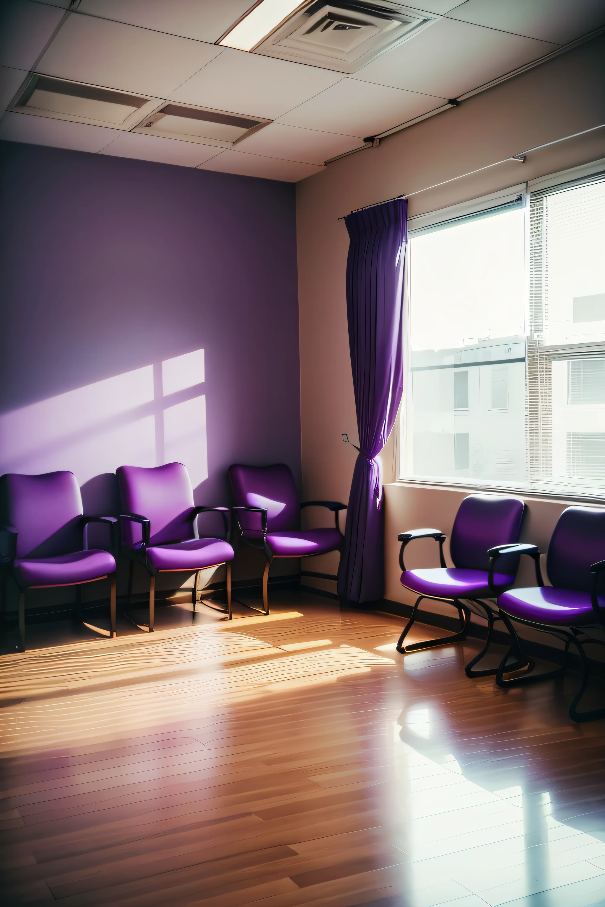 Interior of a doctor's office with some purple decorations