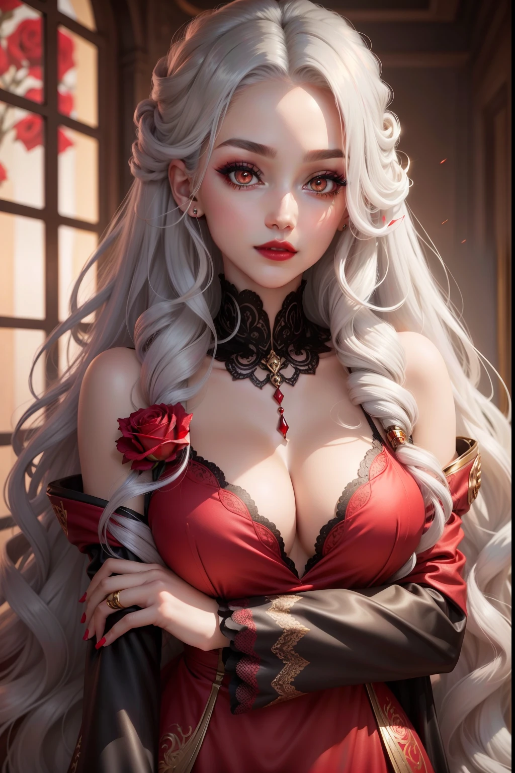 Long silver curly hair and rose-red eyes,Bright red lips,Bright gold eyeshadow