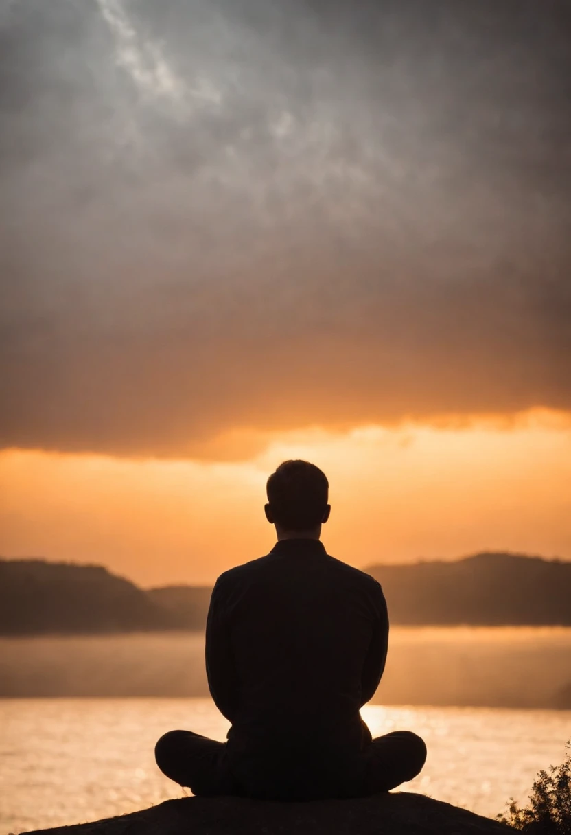 Orange-Gelber hintergrund mit wolken ohne sonne, Black silouette of a man with folded hands sitting in prayer posture.