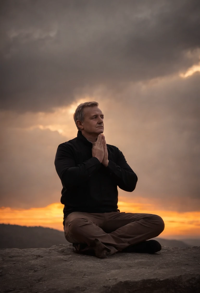Orange-Gelber hintergrund mit wolken ohne sonne, Black silouette of a man with folded hands sitting in prayer posture.