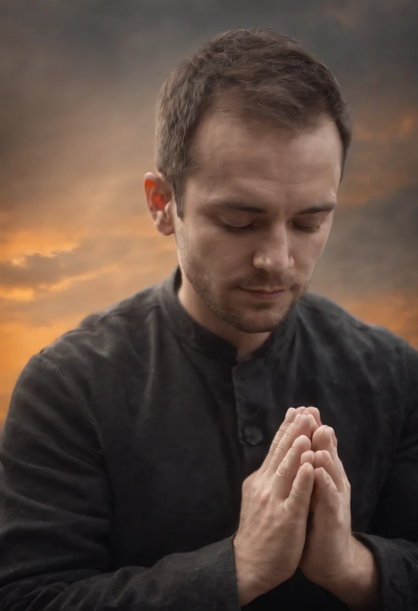 Orange-Gelber hintergrund mit wolken ohne sonne, Black silouette of a man with folded hands sitting in prayer posture.