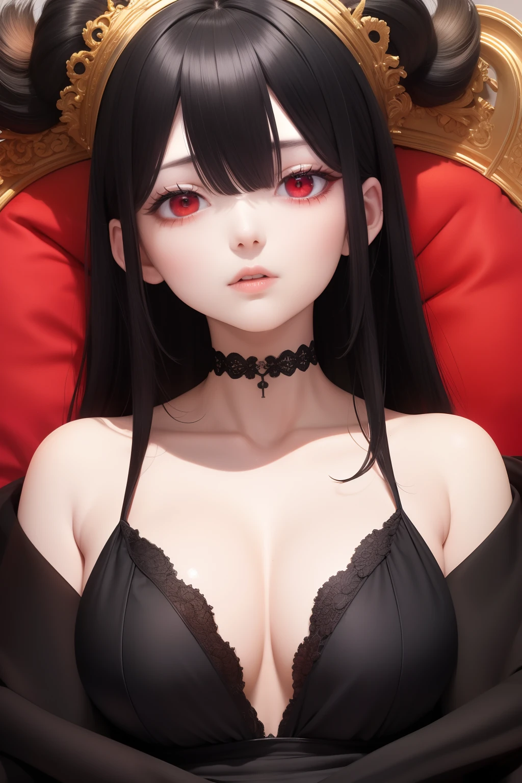 best quality, masterpiece,Black hair, red eyes, looking up, upper body