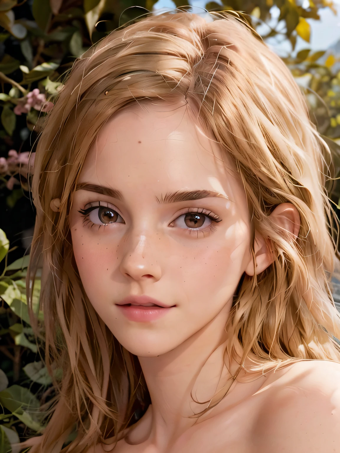 emma watson, extremely detailed face, perfect eyes, perfect face, perfect lighting, 1girl, solo focus, lips, perfect body, naked, nude, topless, seductive, perky breasts, perfect nipples, medium long shot, front view, clean bright colors, 4k, hdr, intricate and highly detailed, a lot of details, (looking at the camera), beautiful young woman, (blonde hair)