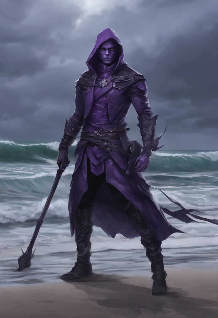 Tiny Dark Elf, purple skin, guy, wicked smile ,deranged look,  Kale  , Holding a staff, in a beachfront environment , storm